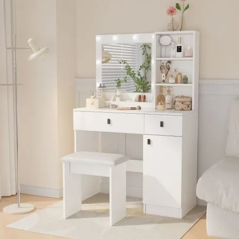 Vanity Desk with LED Mirror - Makeup Table with Storage