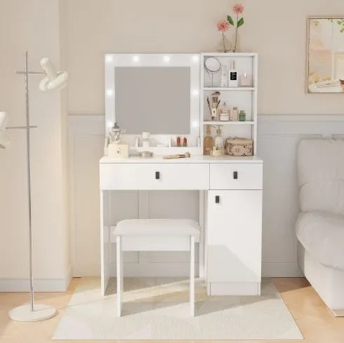 Vanity Desk with LED Mirror - Makeup Table with Storage