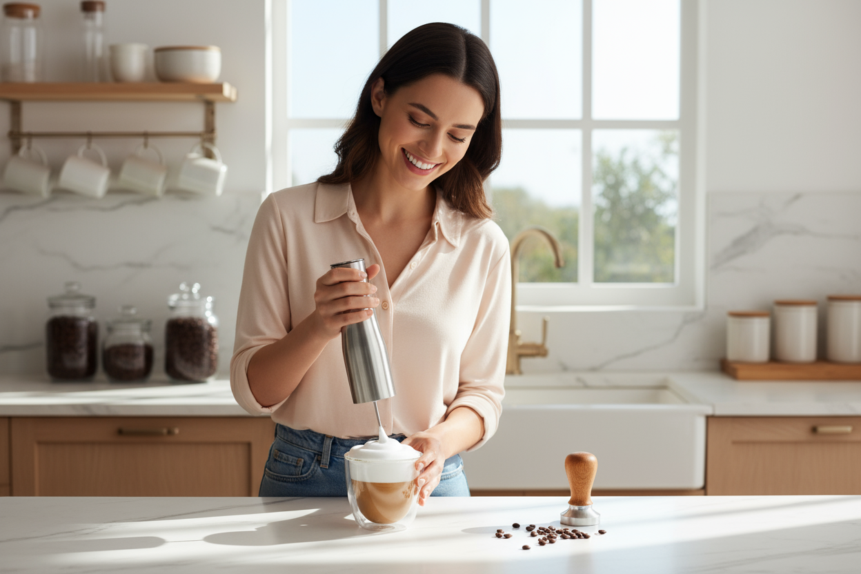 Woman making cappuccino with milk frother