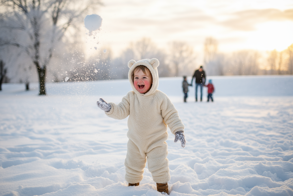 Happy child in cozy fleece tracksuit