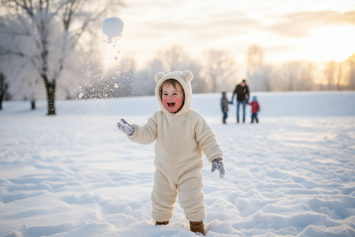 Happy child in cozy fleece tracksuit