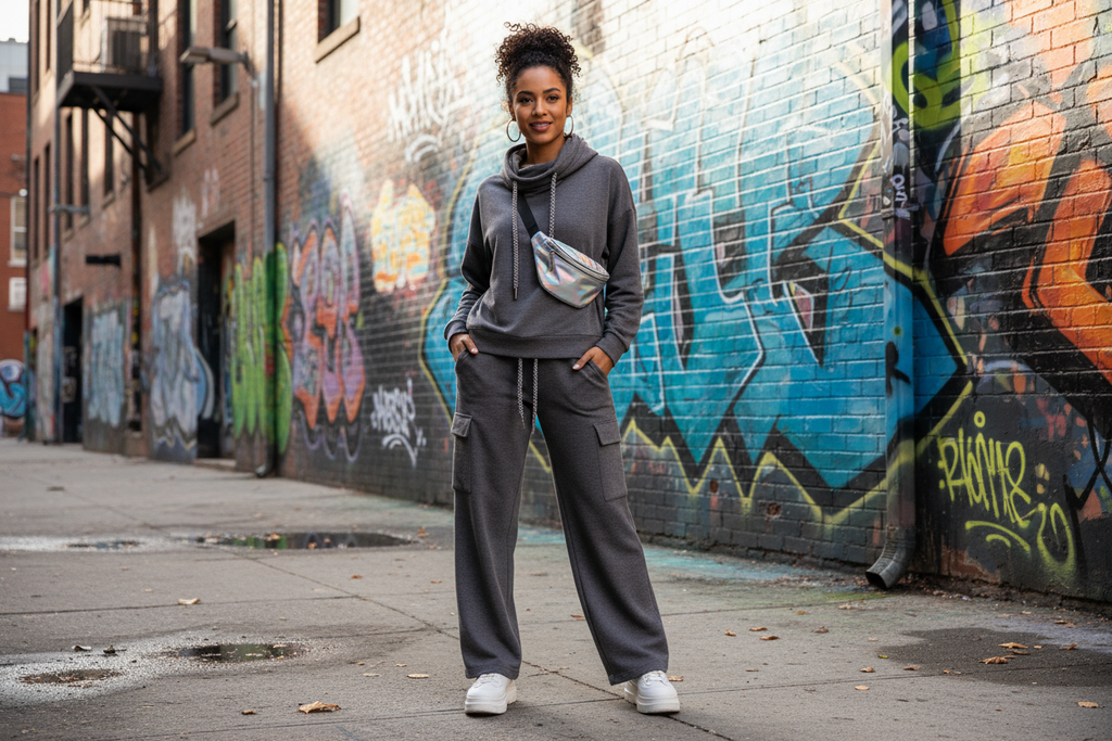 Woman in stylish streetwear hoodie set