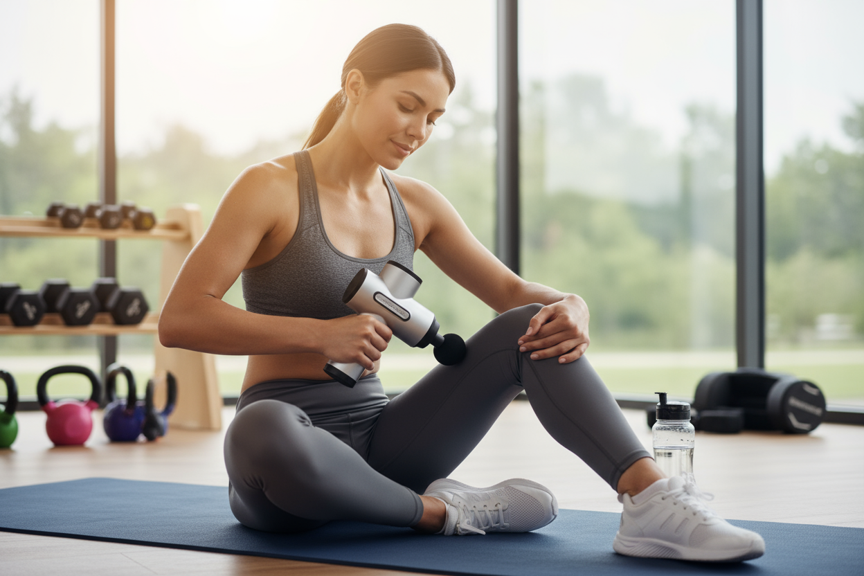 Athlete using massage gun after workout