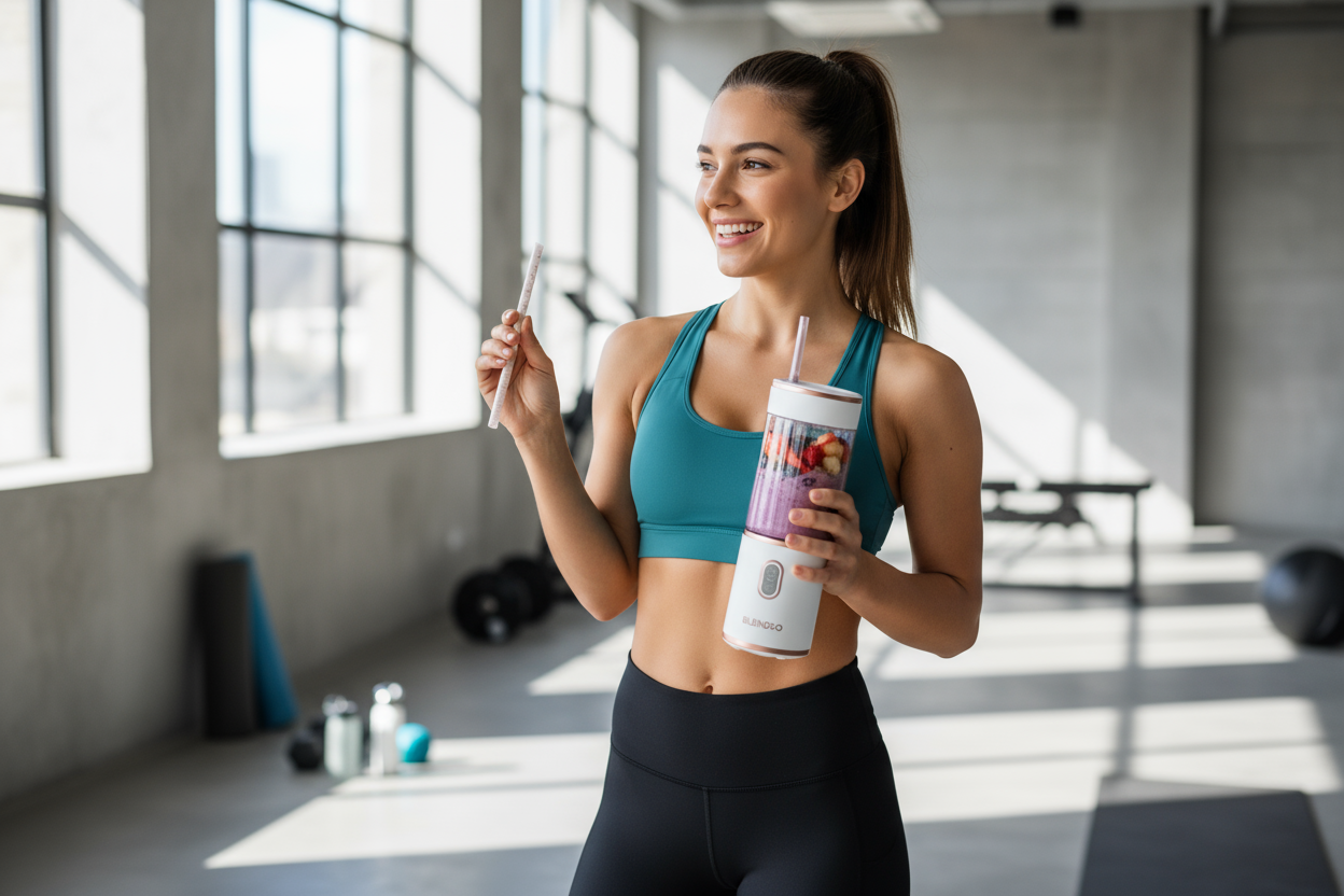 Woman making smoothie at gym with portable blender
