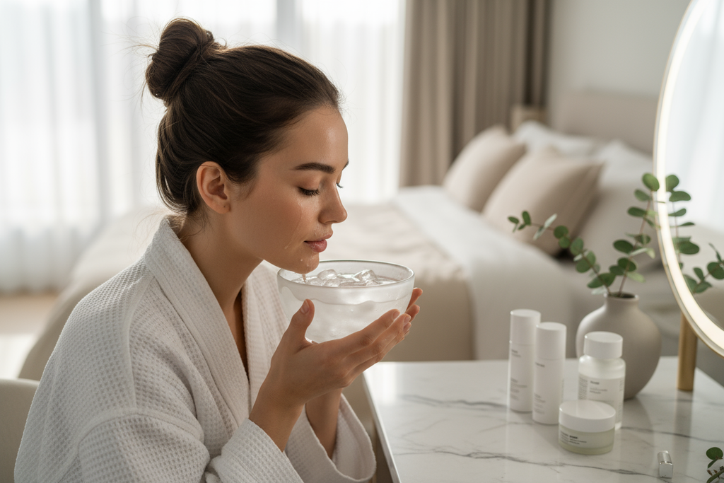 Woman doing facial ice bath skincare routine